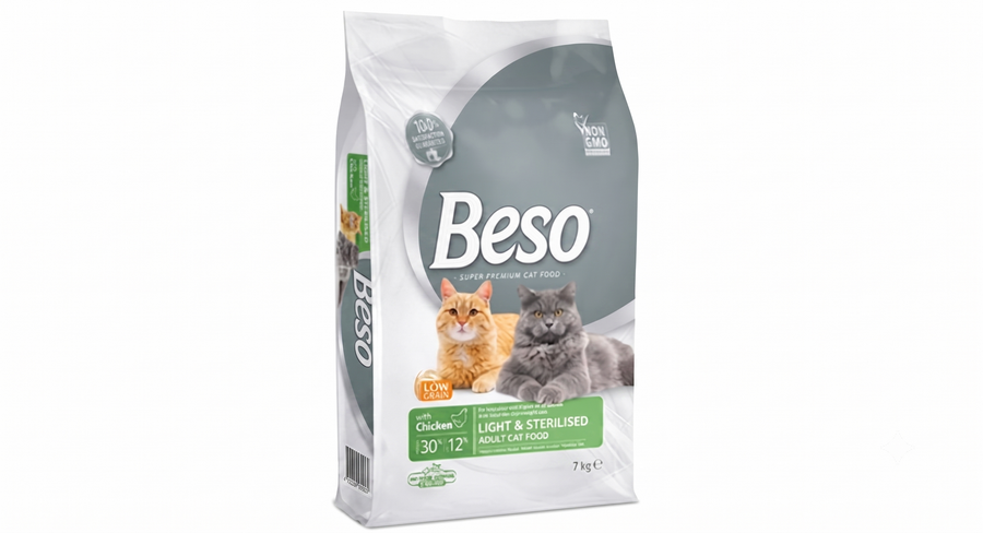 اكل قطط بيسو معقم Beso Light & Sterilised بالدجاج 7 كجم | طعام قطط جاف للقطط المعقمة