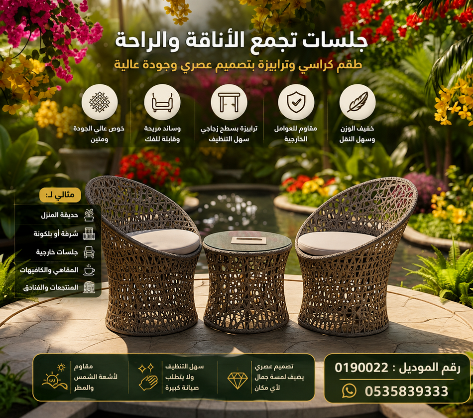جلسات وترابيزات خارجية فاخرة 2 كرسي وترابيزة |كراسي وترابيزات للحدائق والاستراحات والمقاهي